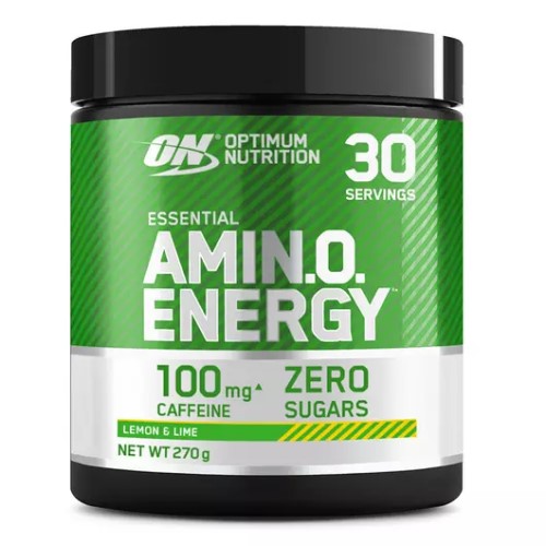 Optimum Nutrition Essential Amino Energy 30 servings lemon & lime amino acid supplement with 100mg caffeine and zero sugars, in a green and black tub.