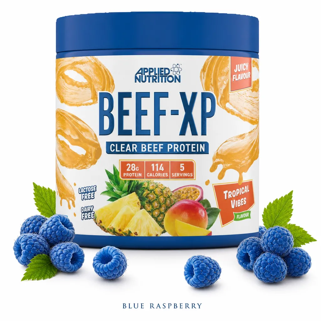 Applied Nutrition Beef-XP 150g clear beef protein powder, Blue Raspberry flavour, lactose-free and dairy-free, with 28g protein per serving, in a blue-lidded container.