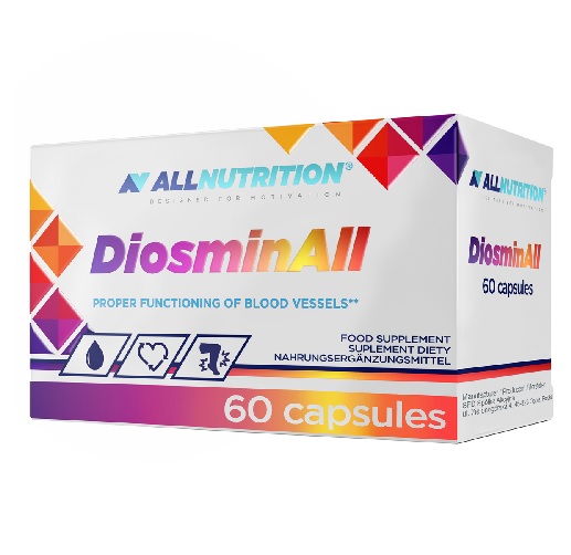 Allnutrition DiosminAll 60 capsules food supplement for proper functioning of blood vessels, in a white box with colorful geometric accents.