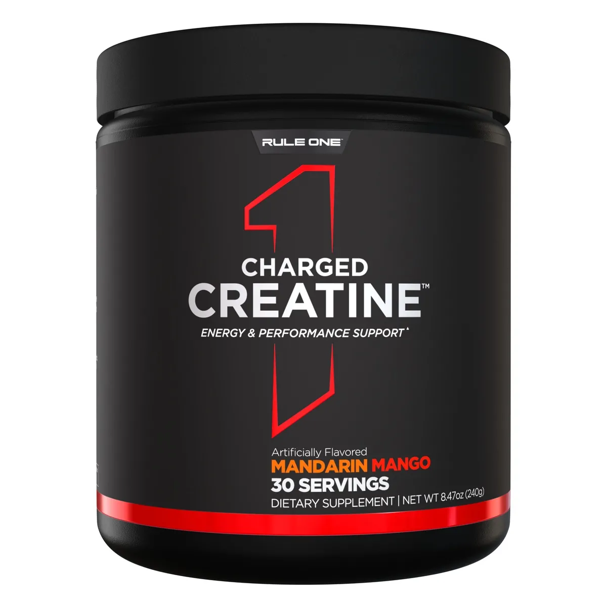 Rule One Charged Creatine mandarin mango dietary supplement with 30 servings and 240g net weight