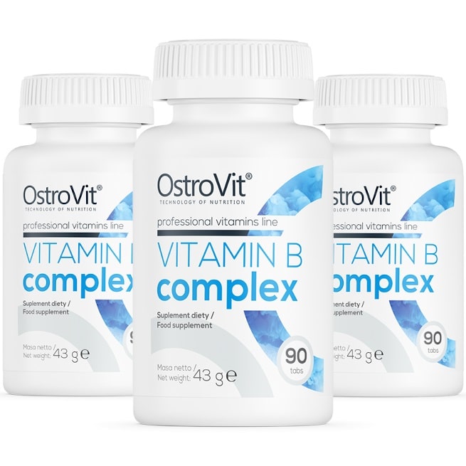 OstroVit Vitamin B Complex 90 tabs 3-pack, a dietary supplement with B vitamins in tablet form, white bottles with blue accents, each containing 90 tablets.