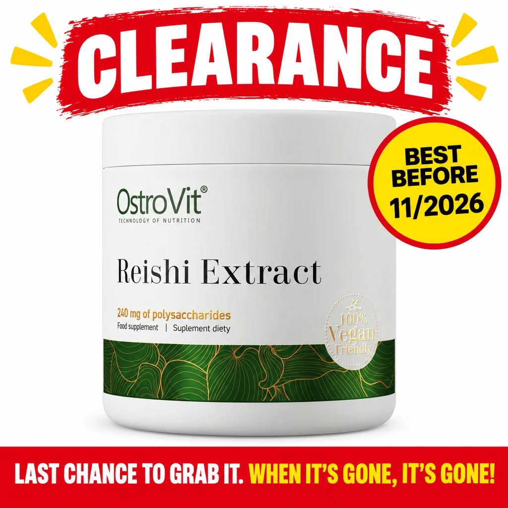 OstroVit Reishi Extract 50g is a vegan mushroom extract powder in a white tub with a green label, standardised to 40% polysaccharides.