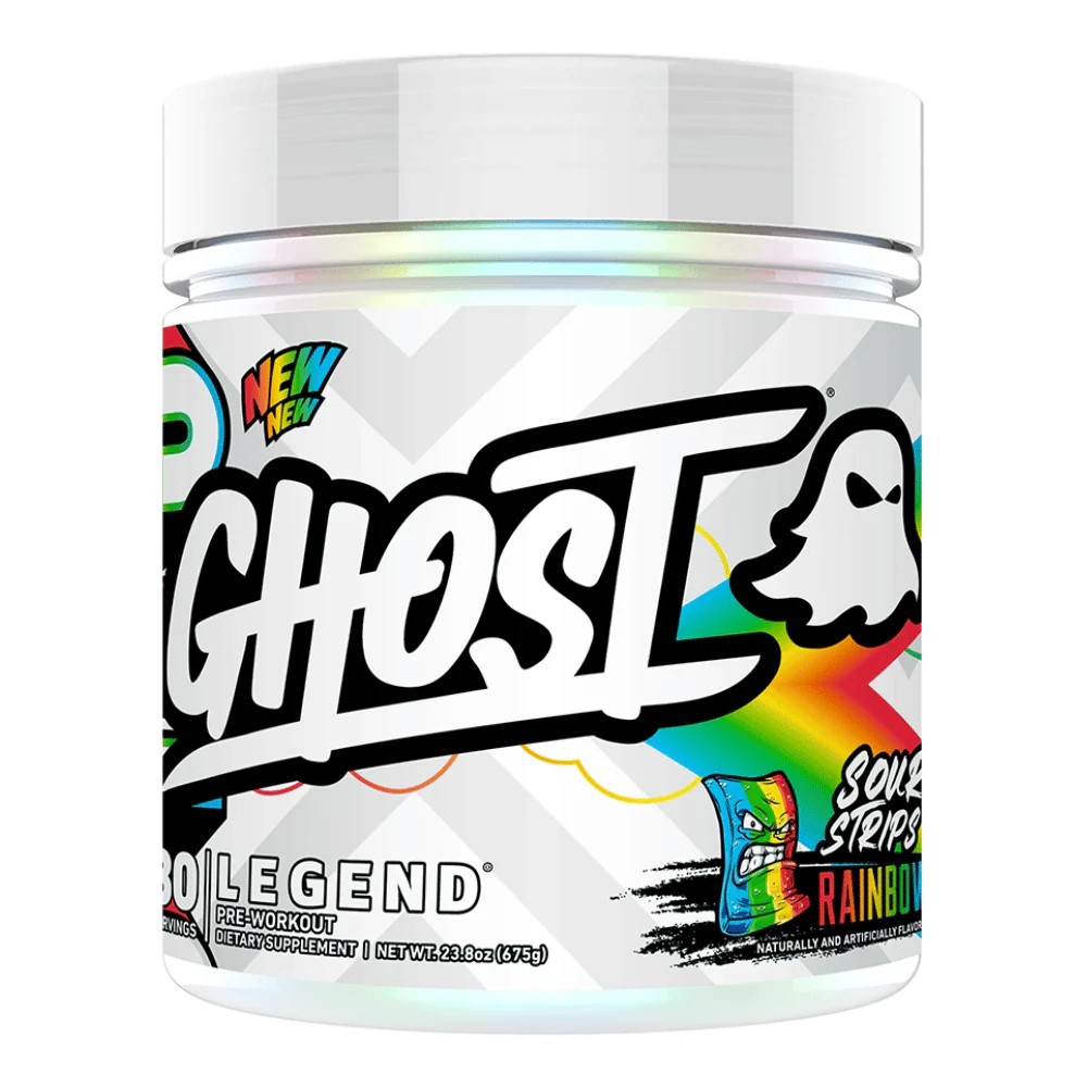 Ghost Legend Pre-Workout 675g Rainbow Sour Strips, a dietary supplement with a colorful label, featuring the Ghost logo and Sour Strips Rainbow flavour.