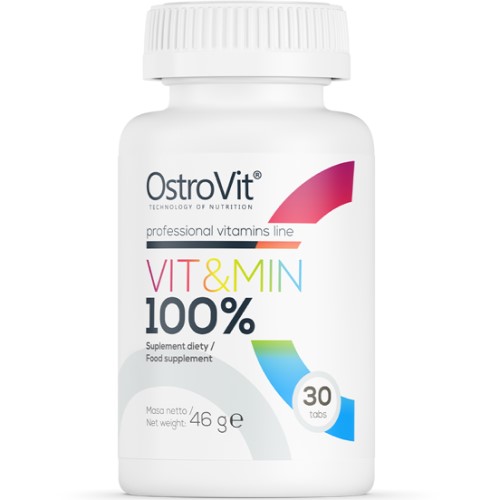 OstroVit Vit&Min 100% 30 Tabs dietary supplement, multivitamin and mineral formula in a white bottle with colorful accents, 46g net weight.