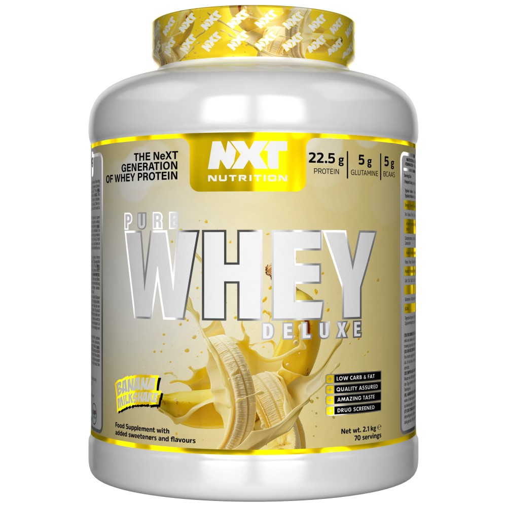 NXT Nutrition Pure Whey Deluxe banana milkshake flavour whey protein supplement, 2.1kg tub, high protein content, yellow and white packaging.