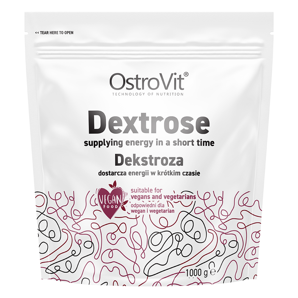 OstroVit Dextrose 1000g unflavoured energy supplement suitable for vegans and vegetarians, in a white pouch with abstract line art and bilingual labeling.