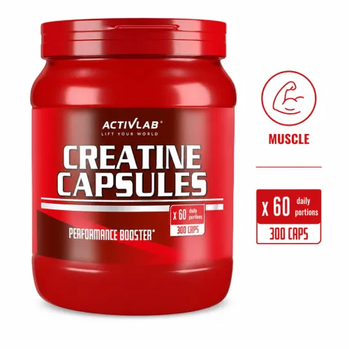 ActivLab Creatine Capsules 300 Caps, a red container of pure creatine monohydrate capsules designed to support muscle strength, endurance, and recovery for athletes.