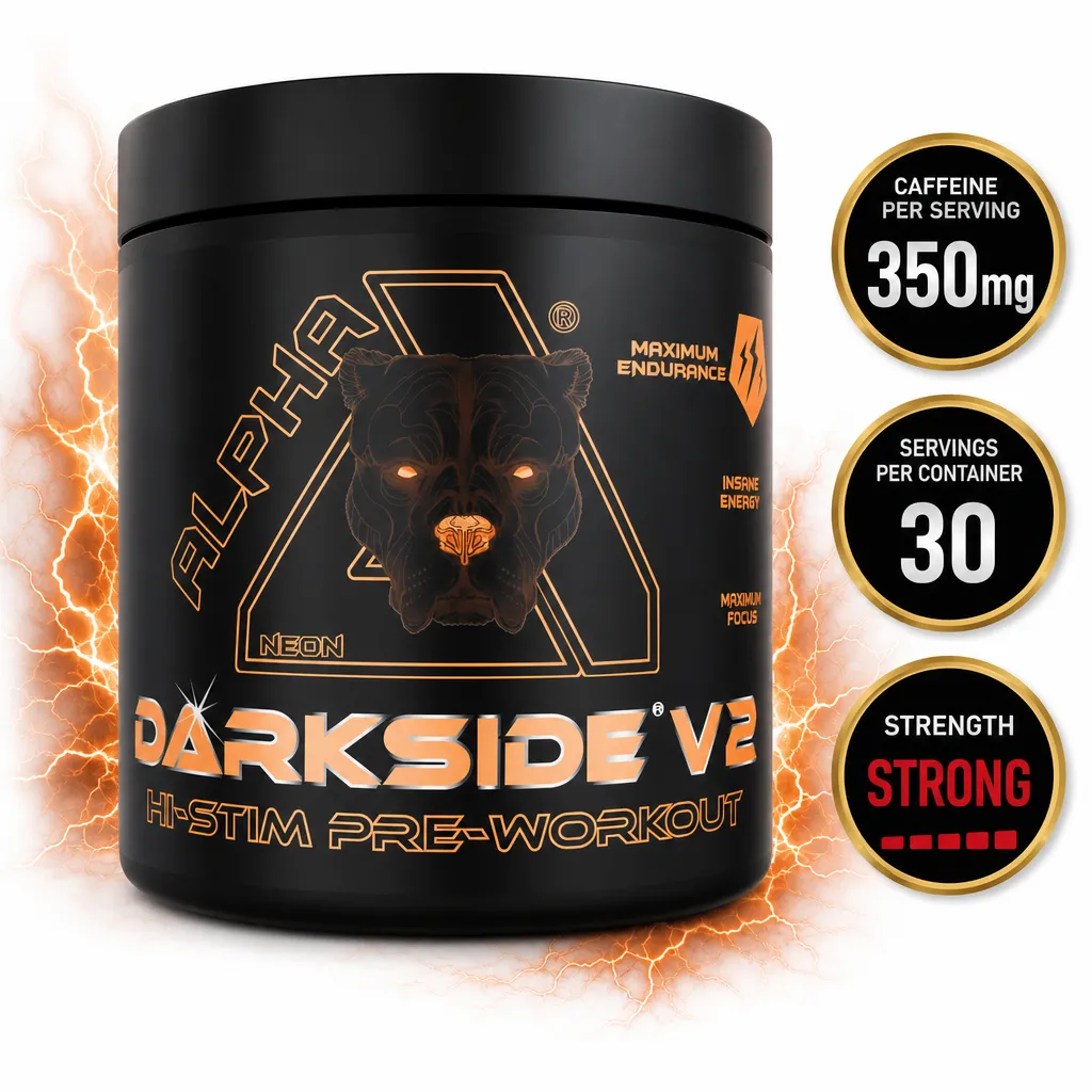 Alpha Neon Darkside V2 300g high-stimulant pre-workout supplement in a black tub with orange graphics and 350mg caffeine per serving