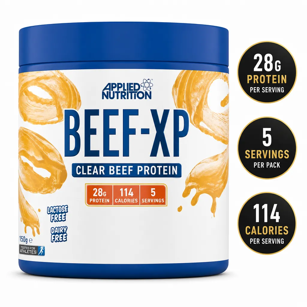 Applied Nutrition Beef-XP 150g clear beef protein supplement in a blue tub, dairy-free with 28g protein per serving