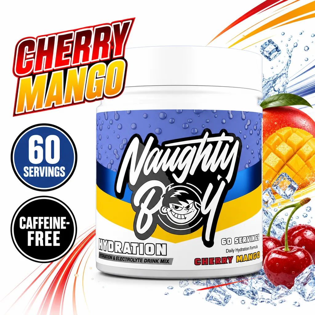 Naughty Boy Hydration electrolyte drink mix, Cherry Mango flavour, 60 servings, caffeine-free powder in a white tub