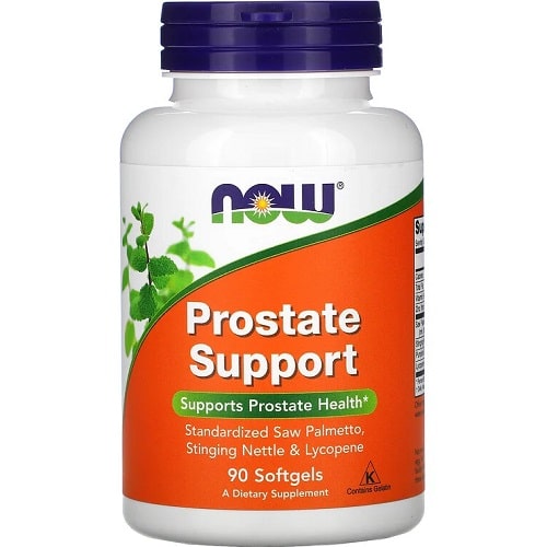 Now Foods Prostate Support dietary supplement with 90 softgels, formulated with standardized saw palmetto, stinging nettle, and lycopene for prostate health. White bottle with orange and green label.