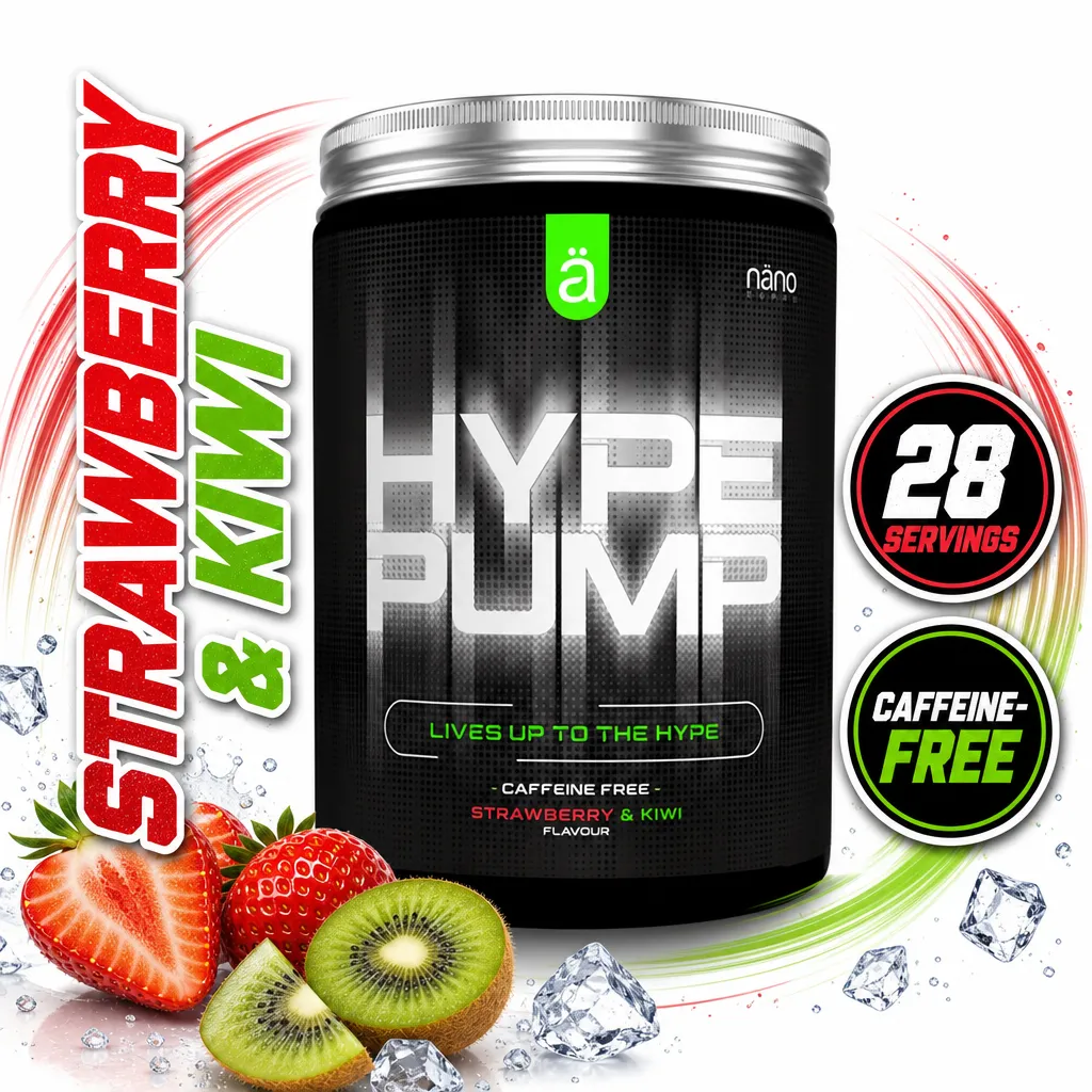 Nano Supps Hype Pump 420g stimulant-free pre-workout powder in Strawberry & Kiwi flavour, shown in a black tub