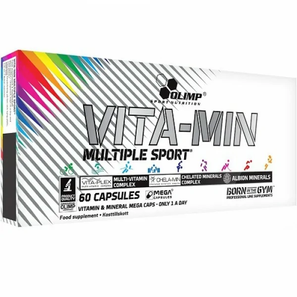 Olimp Vita-Min Multiple Sport 60 capsules vitamin and mineral supplement, designed for athletes, in a white box with rainbow accents.