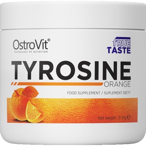 OstroVit Tyrosine Orange 210g food supplement, orange flavour, powdered amino acid supplement in a white tub with orange graphics.