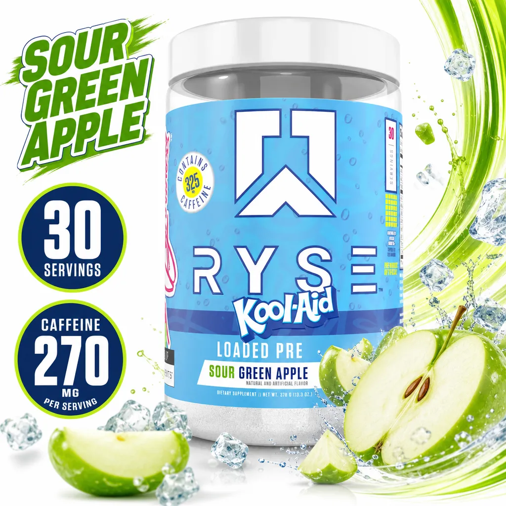 RYSE Kool-Aid Loaded Pre pre-workout powder in Sour Green Apple flavour, 30 servings, shown in a blue 378 g tub with green apples.