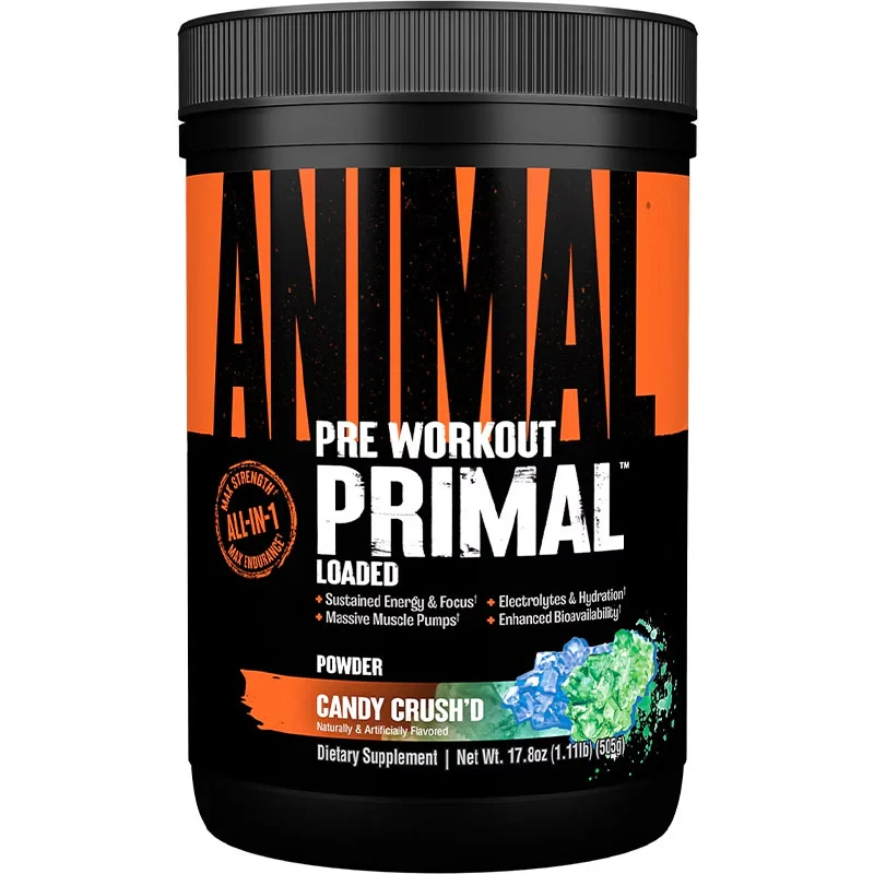 Universal Nutrition Animal Primal 507g pre-workout powder in Candy Crush'd flavor, designed for energy, focus, muscle pump, and hydration, in a black and orange container.