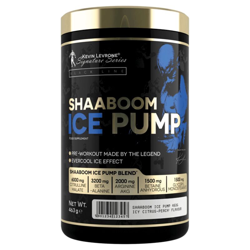 Kevin Levrone Shaaboom Ice Pump pre-workout supplement, 463g, icy citrus-peach flavour, black and gold container from the Signature Series Black Line.