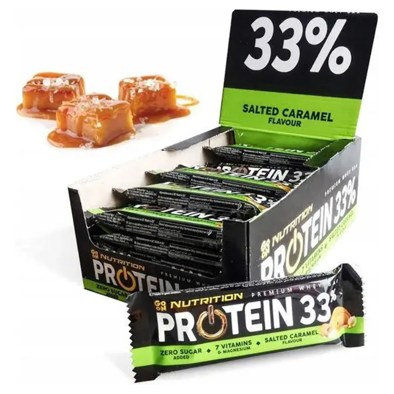 Go On Protein Bar 33% 50g x25 Salted Caramel protein snack box with individually wrapped black and green bars