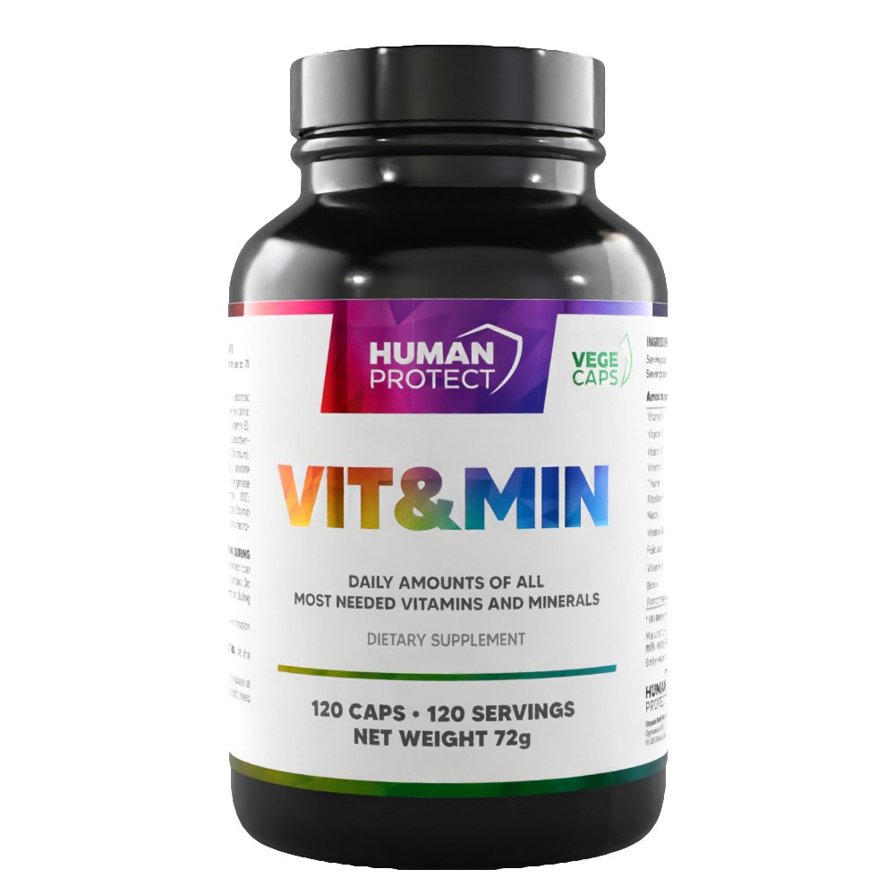 Human Protect Vit&Min multivitamin and mineral supplement, 120 vege capsules, daily amounts of essential vitamins and minerals, white label with rainbow text and purple branding.