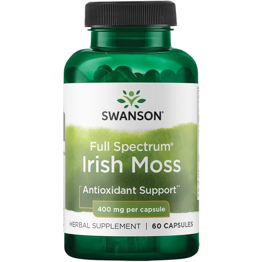 Swanson Full Spectrum Irish Moss 400mg 60 capsules herbal supplement for antioxidant support in a green bottle.
