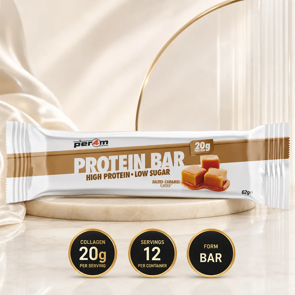 Per4m Salted Caramel Protein Bar, 62g bar with 20g protein, low sugar and caramel flavour
