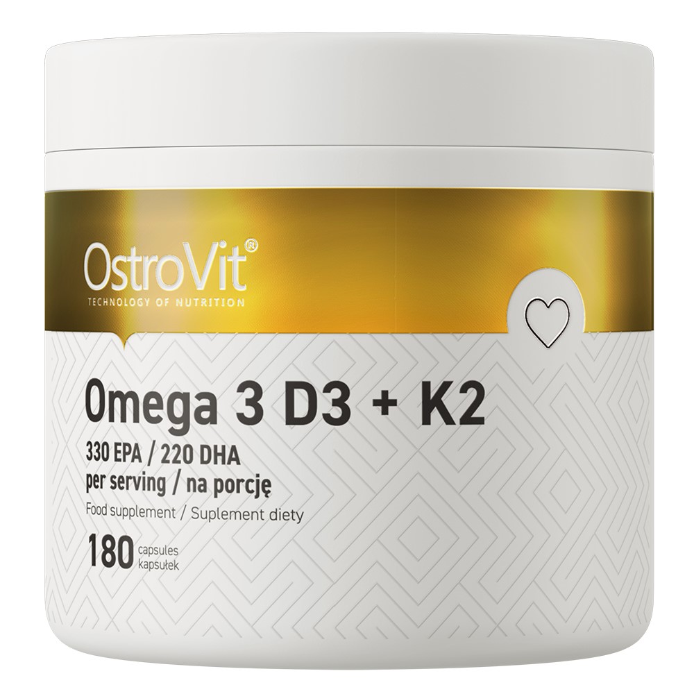 OstroVit Omega 3 D3 + K2 180 capsules food supplement with EPA, DHA, vitamin D3, and vitamin K2, in a white and gold container.