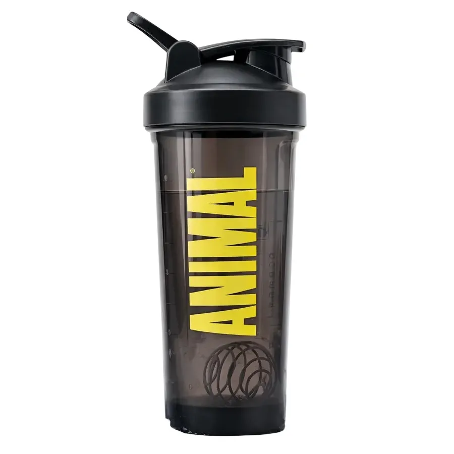 Animal Shaker 600ml black transparent protein shaker with mixing ball, featuring a bold yellow Animal logo and a black flip-top lid.