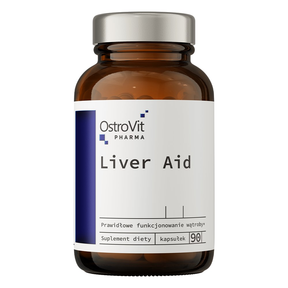 OstroVit Pharma Liver Aid 90 kapsułek dietary supplement for liver support in a brown glass bottle with a silver cap, white and blue label.