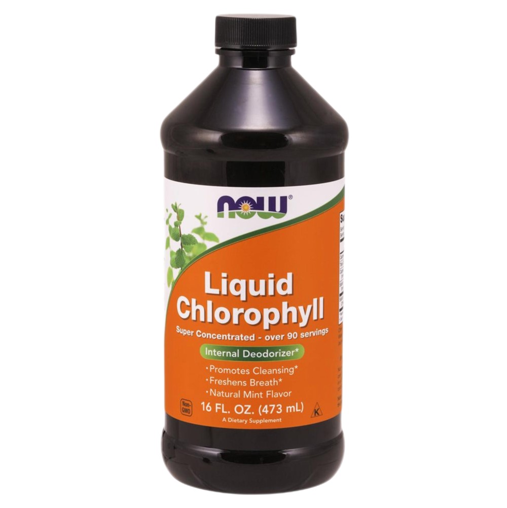 NOW Foods Liquid Chlorophyll 473ml bottle, dark green liquid supplement with mint flavor, labeled in English