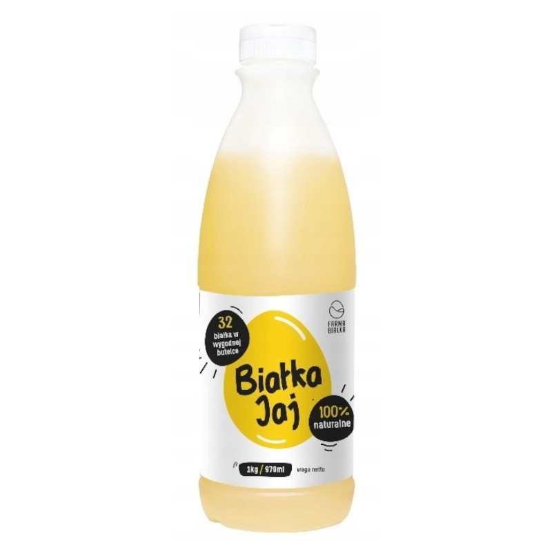 Farma Białka Białka Jaj liquid egg whites 1kg 970ml, 100% natural, in a clear plastic bottle with a white cap and yellow label accents.