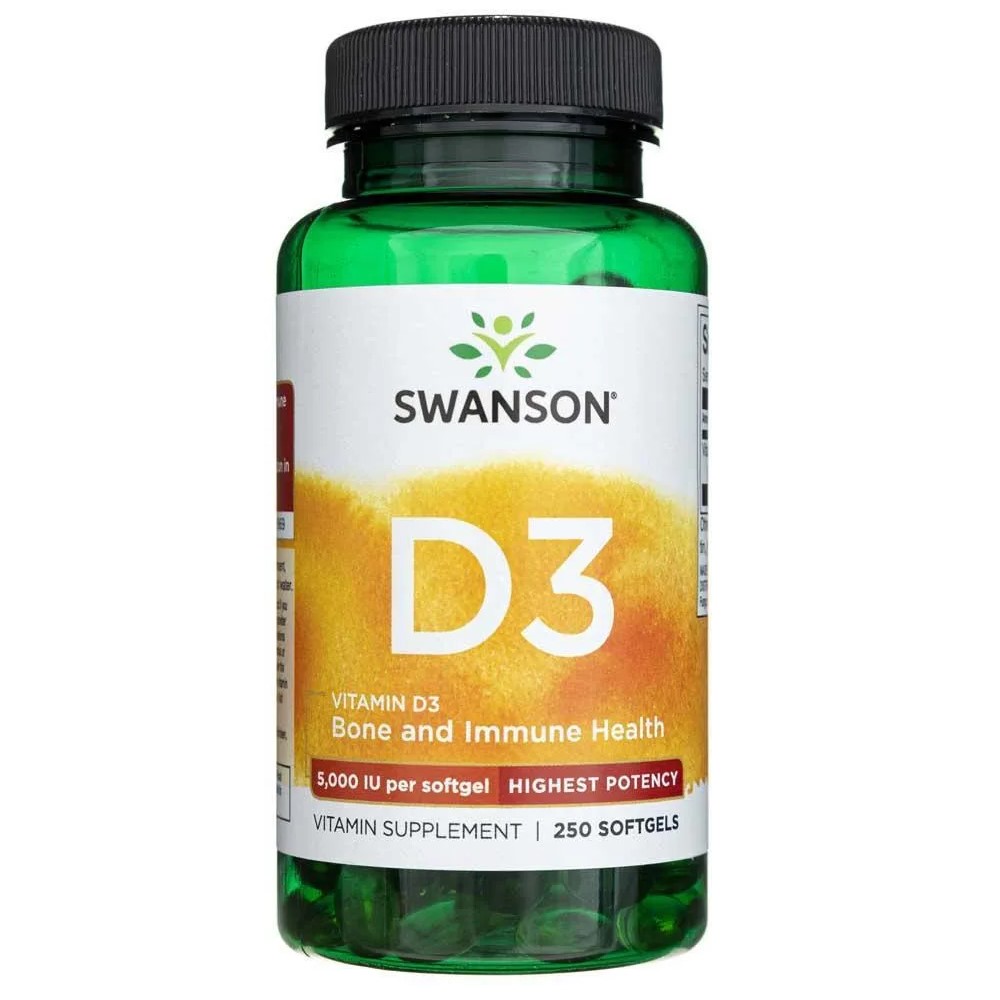 Swanson Vitamin D3 5000 IU 250 softgels vitamin supplement for bone and immune health in a green bottle, highest potency formula.