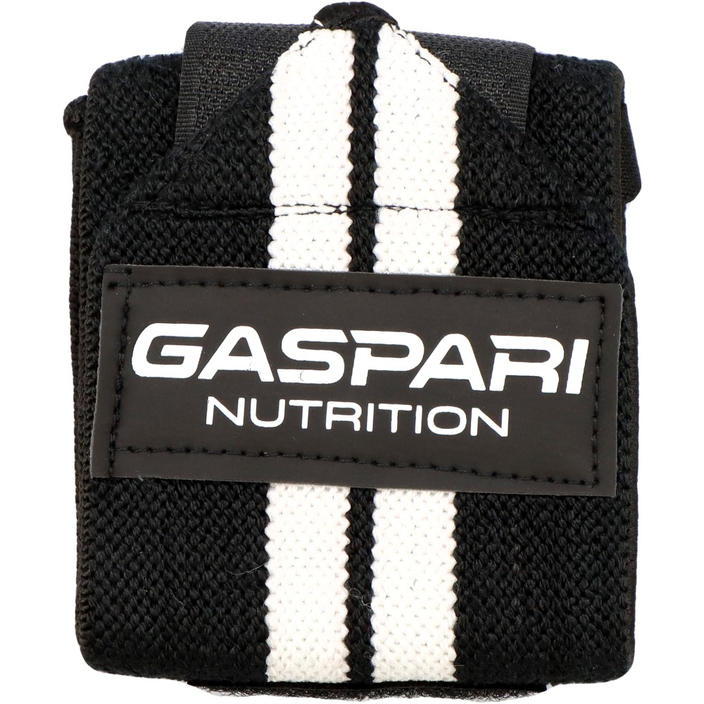 Gaspari Nutrition Wrist Wraps black, supportive fitness accessory with white stripes, designed for wrist stability during weightlifting and training.