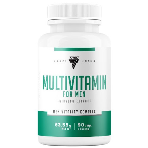 Trec Nutrition Multivitamin For Men, men's vitality complex supplement with ginseng extract, 90 capsules, white and green bottle.