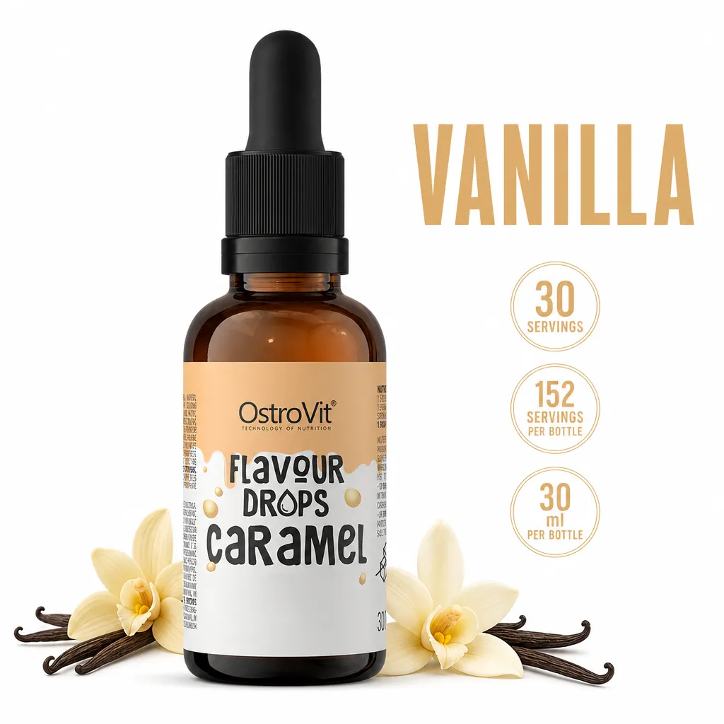 OstroVit Flavour Drops 30ml liquid flavouring in a dropper bottle, labelled Caramel with vanilla imagery