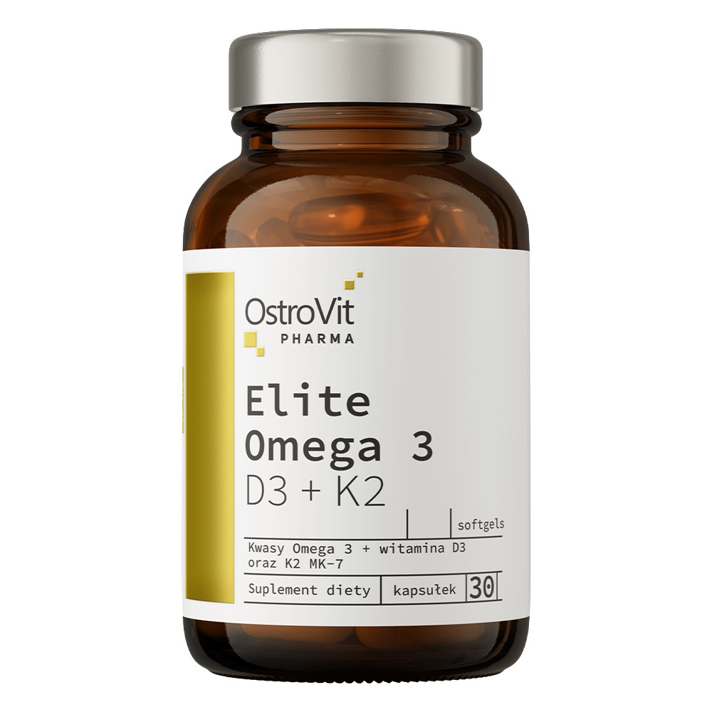 OstroVit Pharma Elite Omega 3 D3 + K2 softgels dietary supplement, 30 capsules, omega-3 with vitamin D3 and K2 in a brown glass bottle with a silver cap.