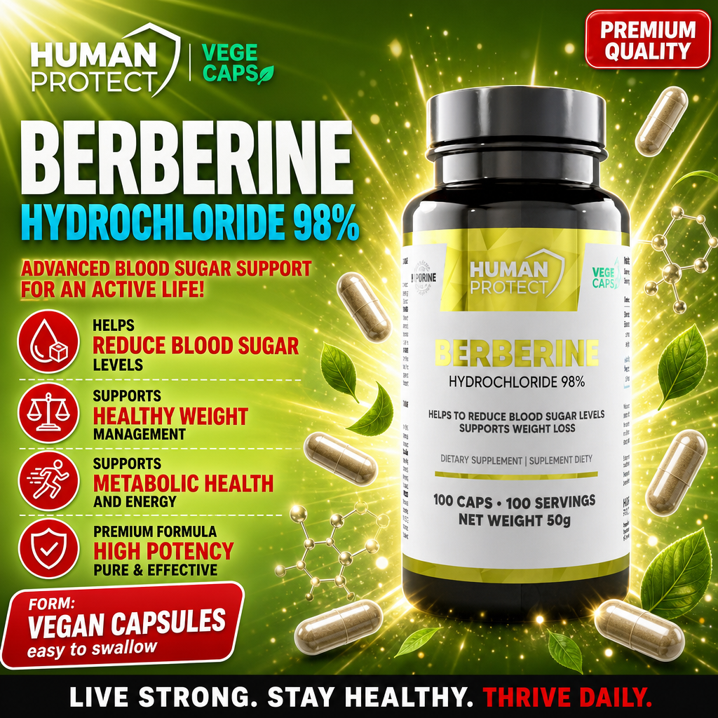 Human Protect Berberine HCL 98% 100 Caps bottle, white plastic container with branded label and supplement details
