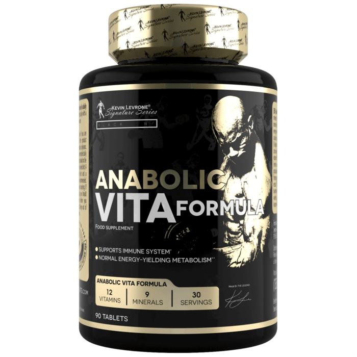 Kevin Levrone Anabolic Vita Formula multivitamin and mineral supplement, 90 tablets, featuring 12 vitamins and 9 minerals for immune support and metabolism, black and gold packaging.