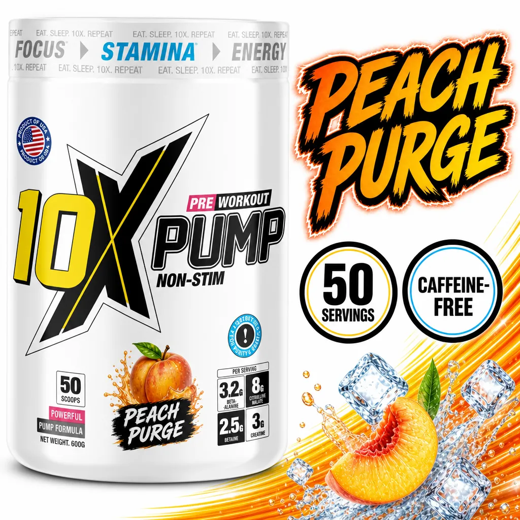 10X Athletic Pump Non-Stim Pre Workout is a Peach Purge-flavoured, caffeine-free powder in a white 600g tub with 50 servings.
