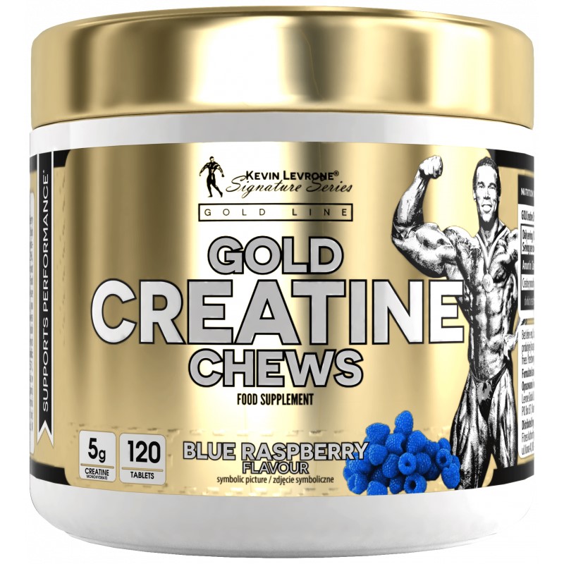 Kevin Levrone Gold Creatine Chews blue raspberry flavour, 120 tablets, food supplement from the Signature Series Gold Line, with 5g creatine per serving.