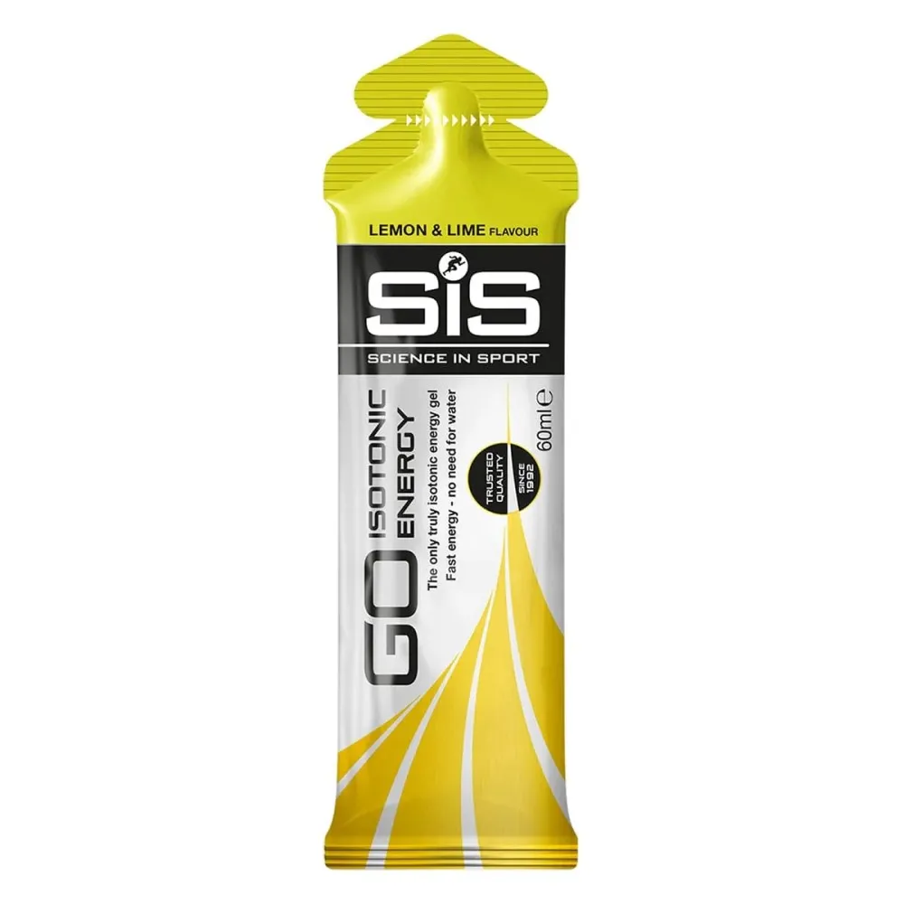 SiS GO Isotonic Energy Gel 60ml lemon & lime flavour sports energy gel in a yellow and silver sachet, designed for fast energy without the need for water.