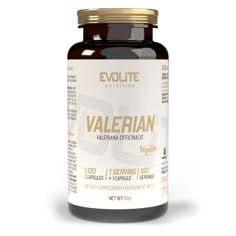 Evolite Valerian vegan dietary supplement, 100 capsules bottle, valeriana officinalis extract, for relaxation and sleep support, white and gold label.