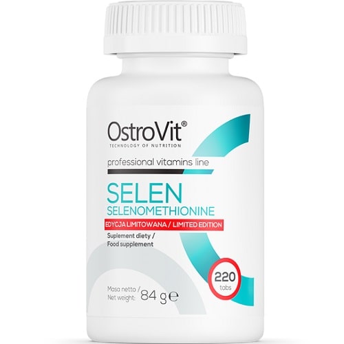 OstroVit Selen Selenomethionine 220 tabs food supplement, limited edition, professional vitamins line, white bottle with turquoise and red accents.