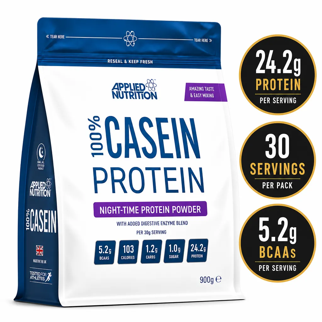 Applied Nutrition 100% Casein Protein 900g slow-release night-time protein powder in a white and blue resealable pouch