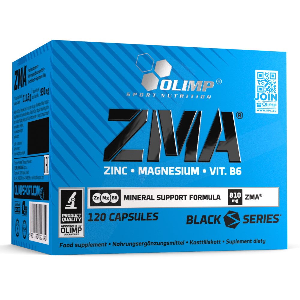 Olimp ZMA 120 Caps bottle by Olimp Nutrition, blue and white label, containing 120 dietary supplement capsules
