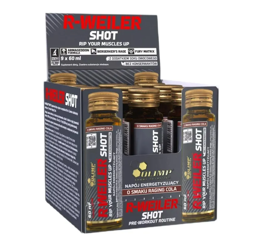 Olimp Nutrition R-Weiler Shot 60ml x9 Raging Cola is a pre-workout supplement pack featuring nine cola-flavored energy shots, designed for athletes and fitness enthusiasts.