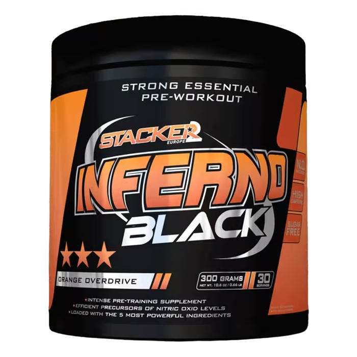 Stacker2 Inferno Black pre-workout supplement, 300g Orange Overdrive flavour, strong essential pre-workout with nitric oxide precursors, black and orange packaging.