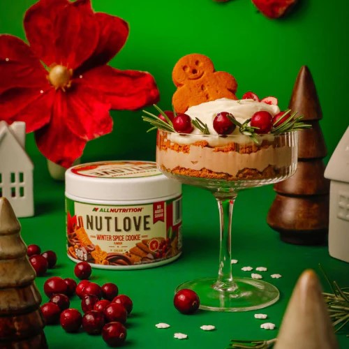 Open jar of Allnutrition NUTLOVE 500g Winter Spice Cookie spread showing creamy, light brown texture.