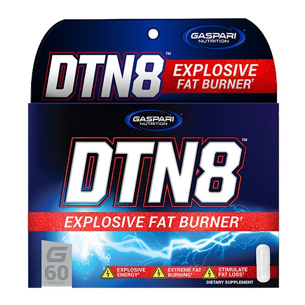 Gaspari Nutrition DTN8 Explosive Fat Burner dietary supplement, 60 capsules, designed to support energy, fat burning, and fat loss, in a blue and red package.