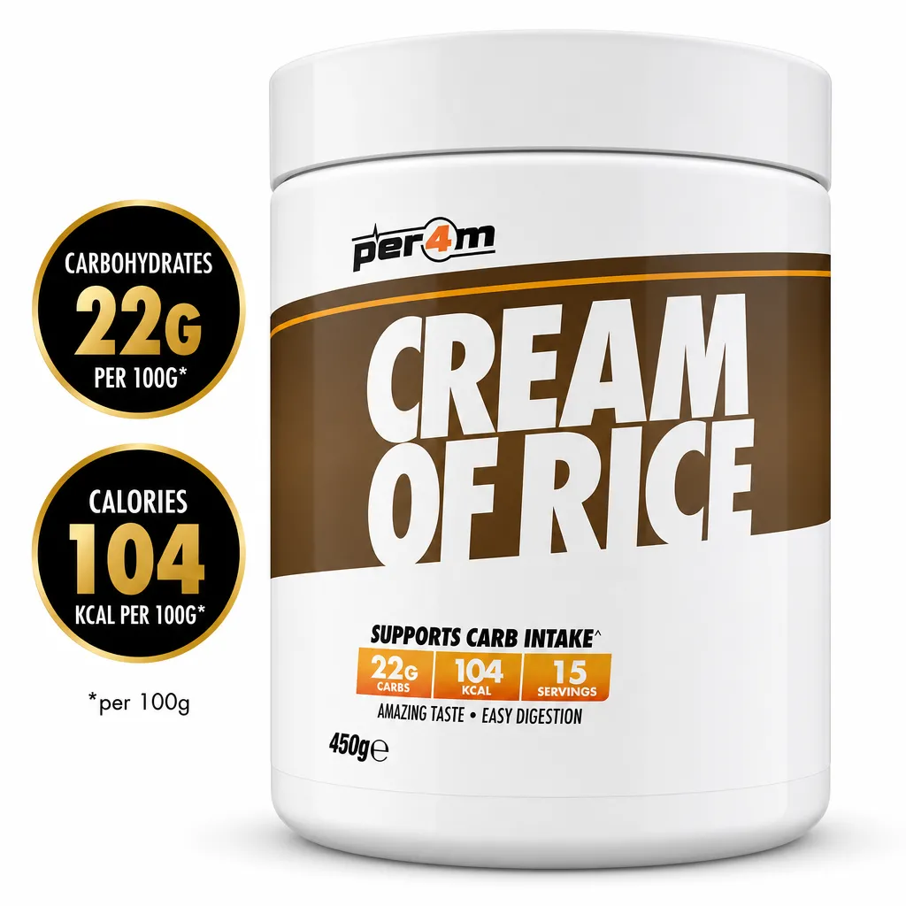 Per4m Cream of Rice 450g carbohydrate supplement in a white tub, featuring finely milled rice flour and 15 servings