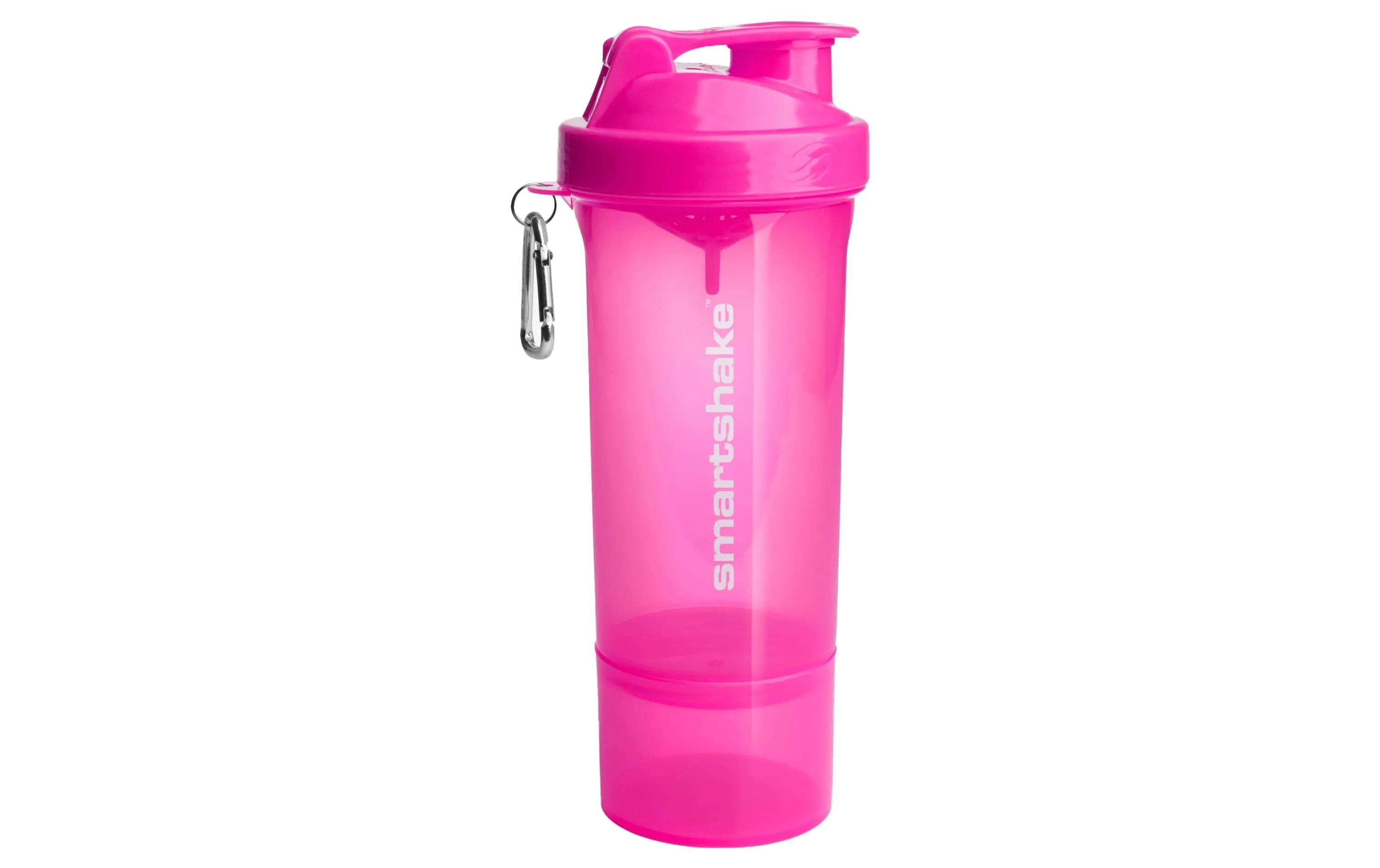 SmartShake Slim Series 500ml Pink shaker bottle with integrated storage compartment, slim ergonomic design, and carabiner for easy portability.